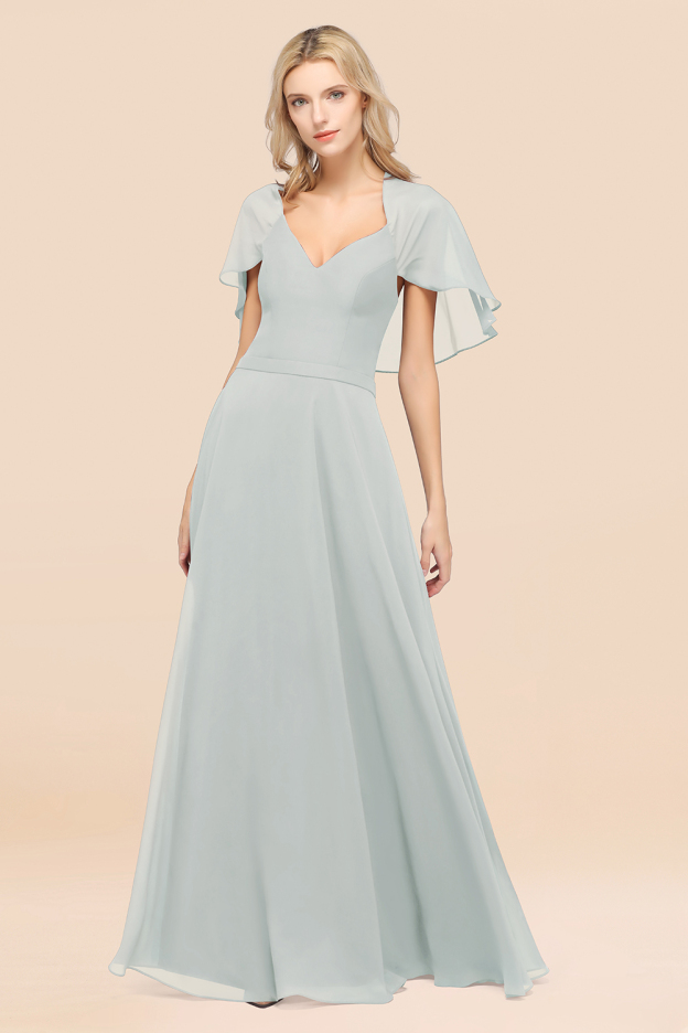 27prom Chic Satin V-Neck Long Burgundy Chiffon Bridesmaid Dress with Flutter Sleeve-27prom
