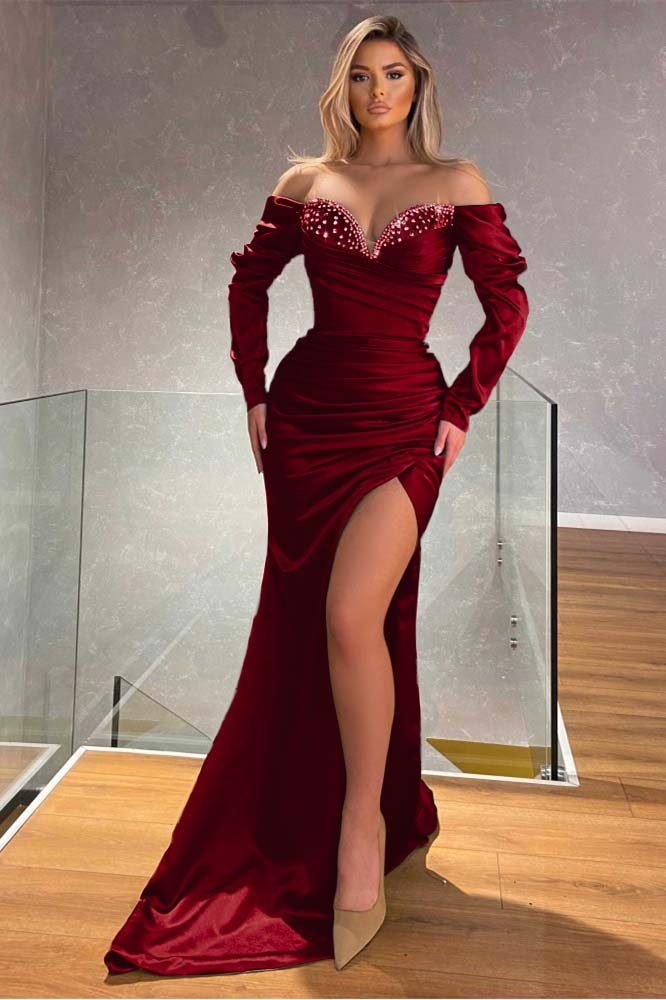 Off the Shoulder Long Sleeves Mermaid Long Prom Dress With Beading