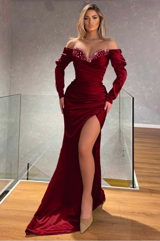 Off the Shoulder Long Sleeves Mermaid Long Prom Dress With Beading