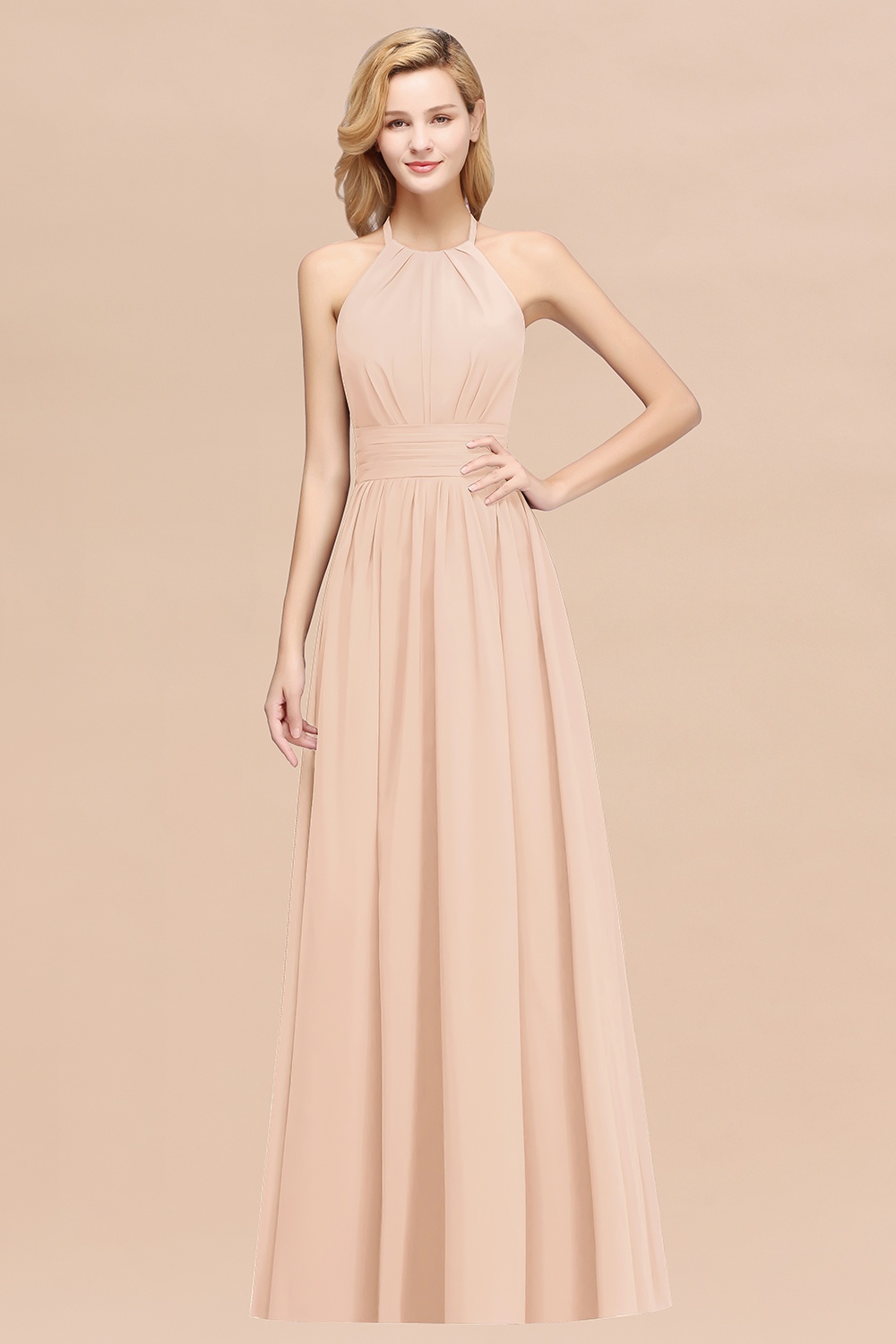 27prom Elegant High-Neck Halter Long Affordable Bridesmaid Dresses with Ruffles-27prom