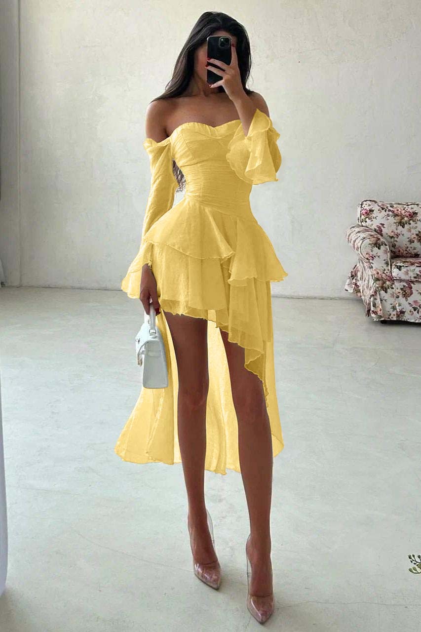 Strapless Long Sleeves Off the Shoulder Short Prom Dress With Ruffles