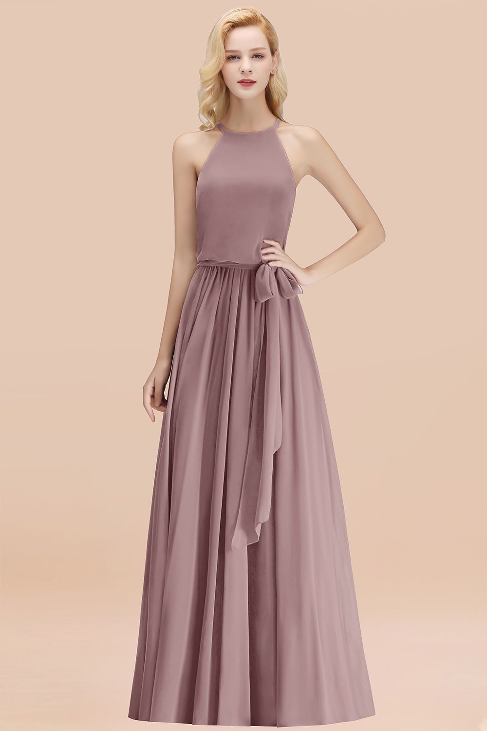 27prom Affordable Halter Bow Long Bridesmaid Dress Modest Burgundy Chiffon Wedding Party Dress-27prom