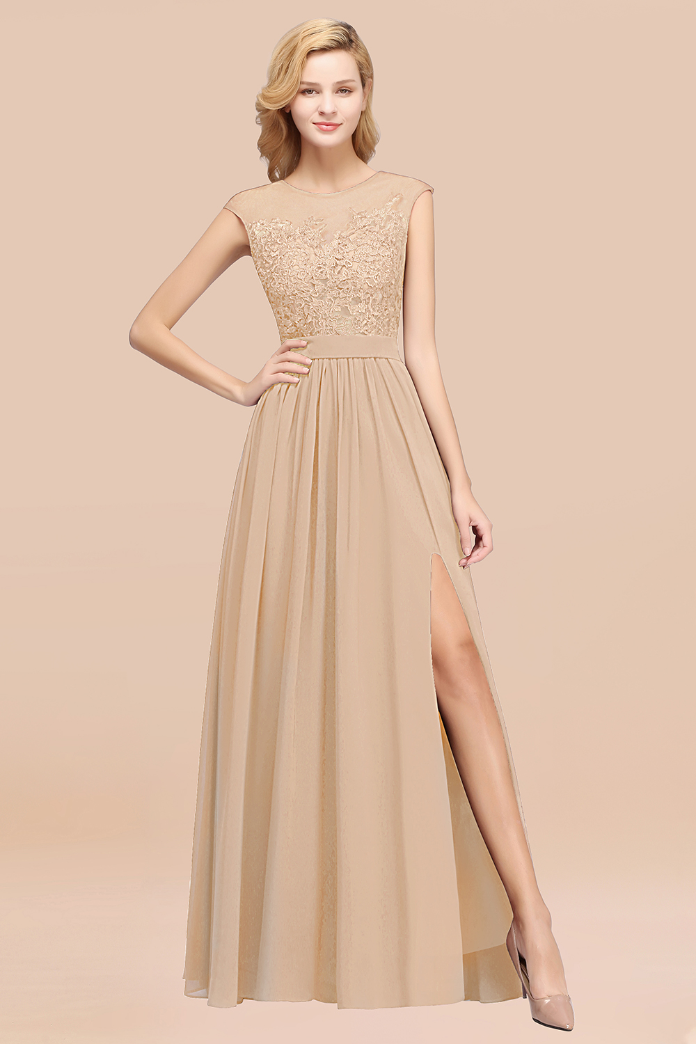 27prom Affordable Scoop Lace Appliques Yellow Bridesmaid Dresses with Slit-27prom