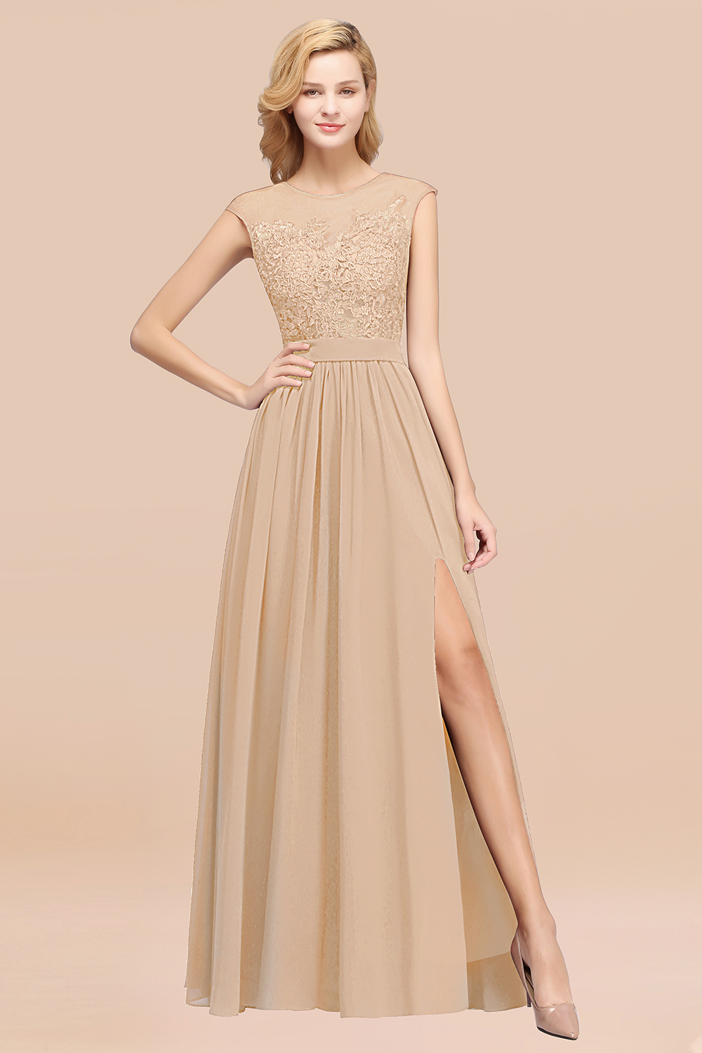 27prom Affordable Scoop Lace Appliques Yellow Bridesmaid Dresses with Slit-27prom