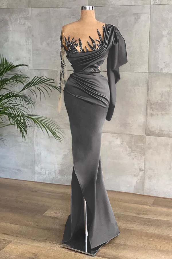 Green Long Sleeves Mermaid Side Split Prom Dress With Appliques