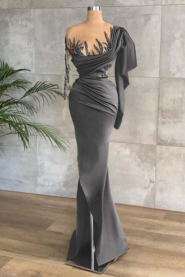 Green Long Sleeves Mermaid Side Split Prom Dress With Appliques