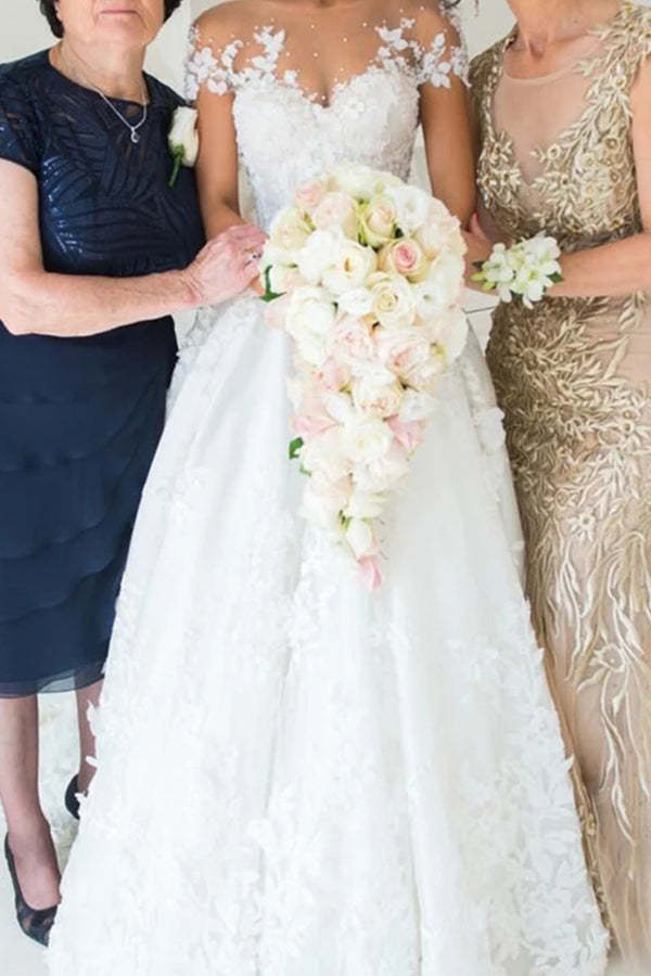 Gorgeous Jewel Neck Beaded Wedding Dress with Tulle and Lace Appliques