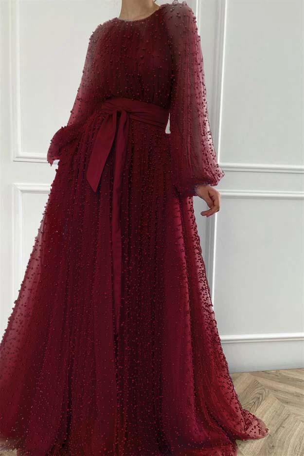 Long Sleeves Long Jewel Neck Prom Dress With Pleated Beading