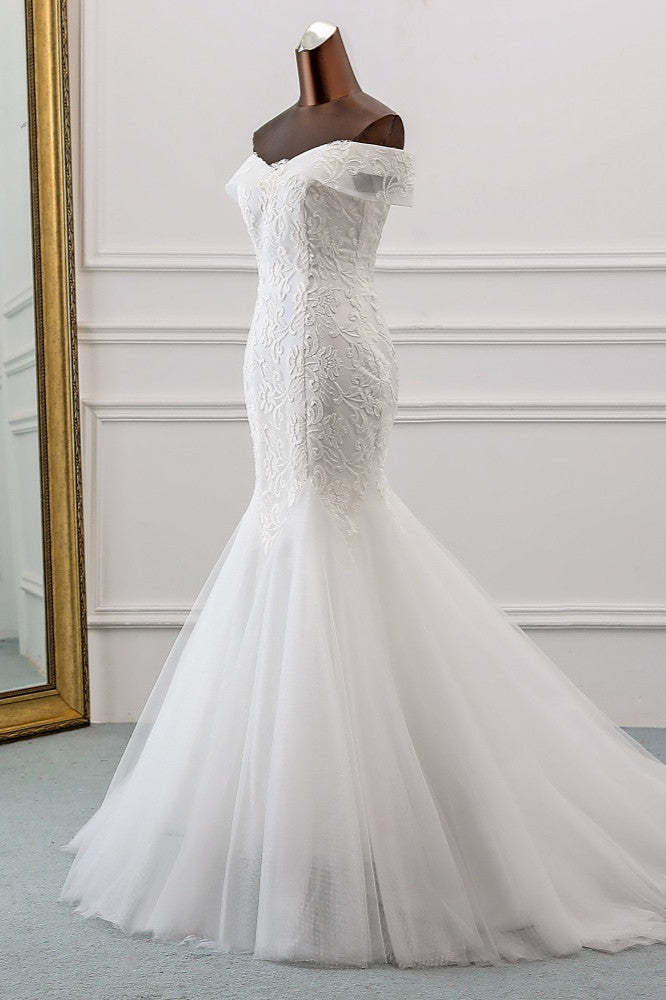 Off-the-Shoulder Long Mermaid Wedding Dress with Tulle Lace