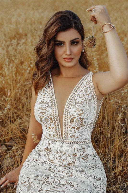 V-Neck Empire Mermaid Wedding Dress with Lace Beading