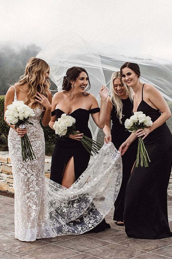 Spaghetti Strap Jewel Mermaid Wedding Dress with V-Neck Lace