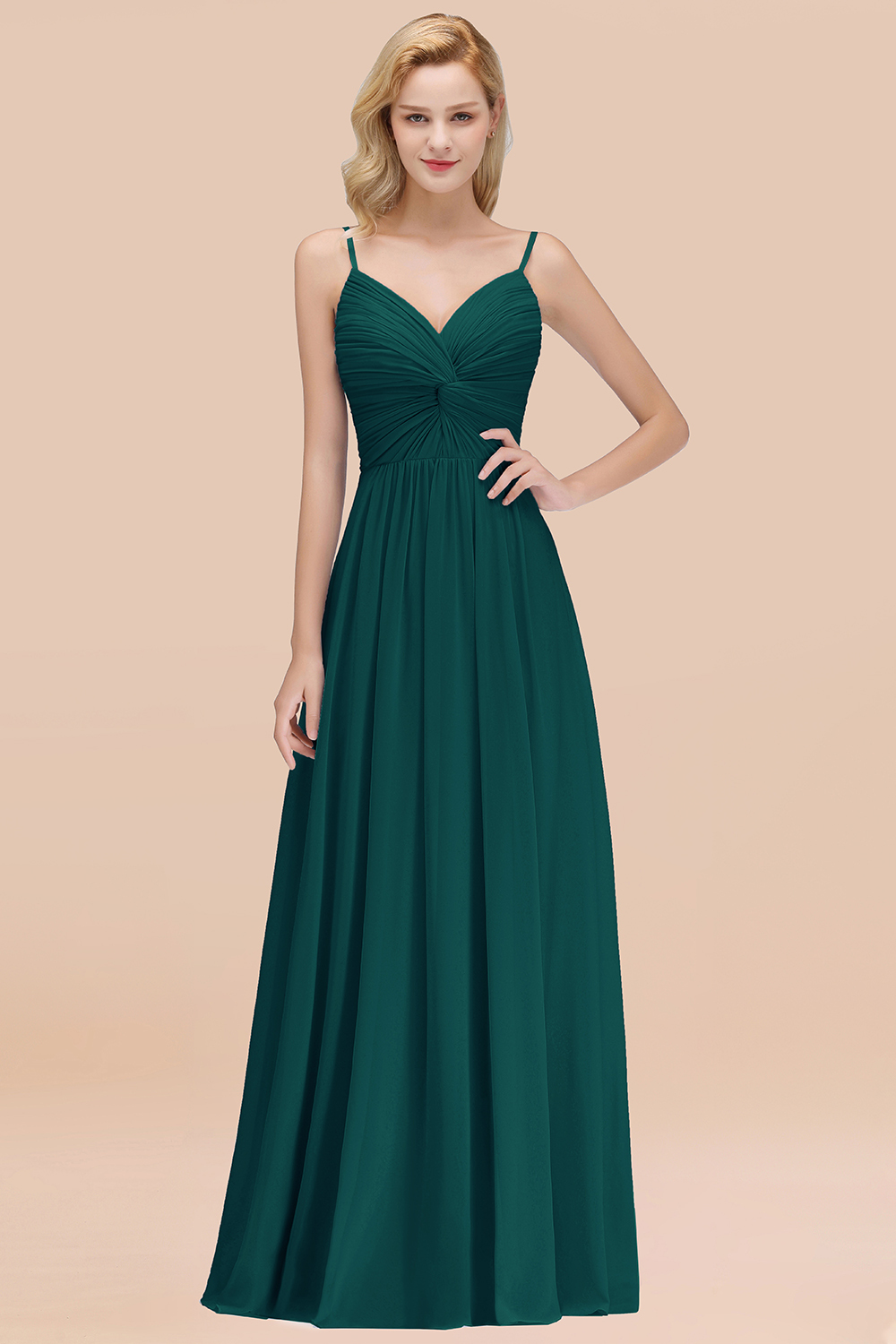 27prom Chic V-Neck Pleated Backless Bridesmaid Dresses with Spaghetti Straps-27prom