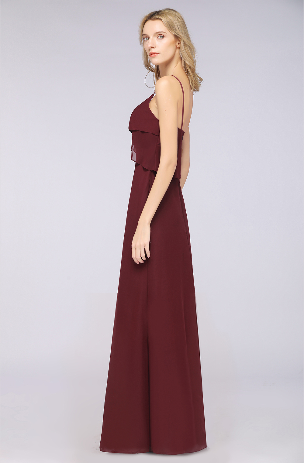 27prom Affordable Spaghetti-Straps V-Neck Burgundy Chiffon Bridesmaid Dresses-27prom