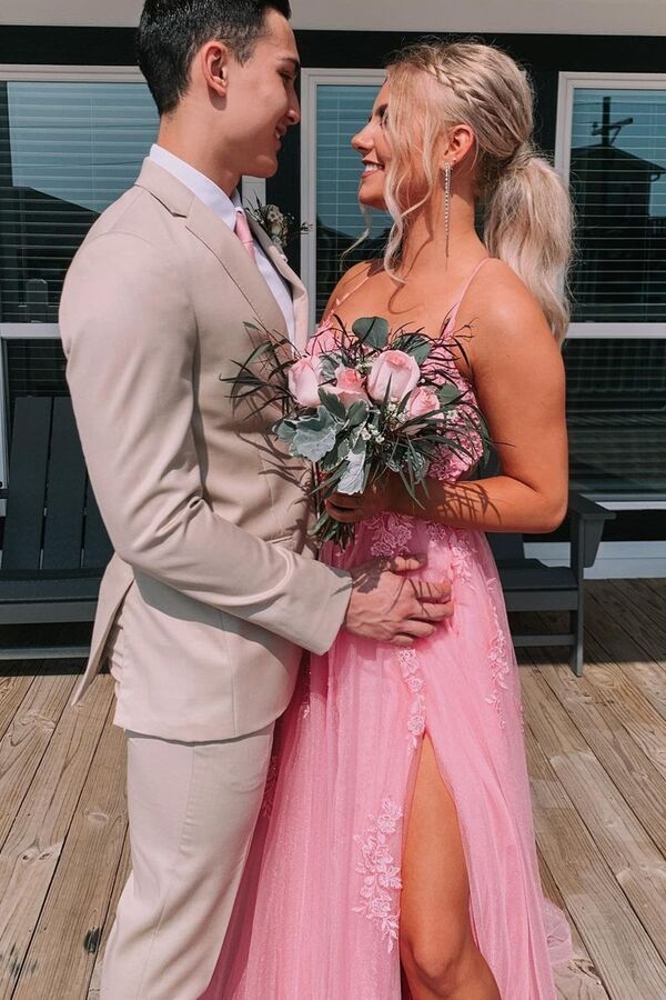 Elegant A-Line Backless Tulle Lace Long Prom Dress With Slit