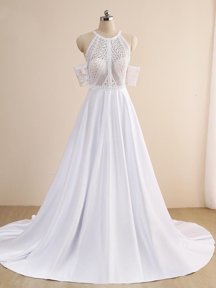 Elegant A-line Halter Lace Satin Long Wedding Dress