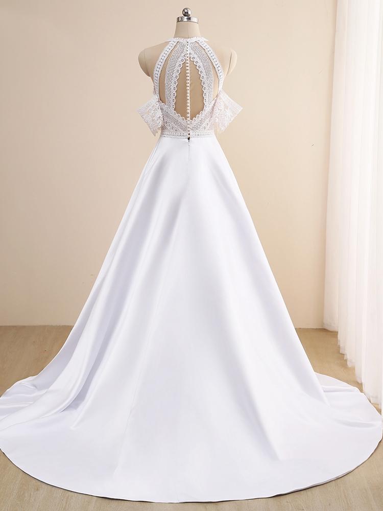 Elegant A-line Halter Lace Satin Long Wedding Dress