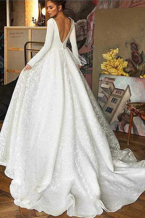 Elegant A Line Long Sleeve Lace Backless Wedding Dress