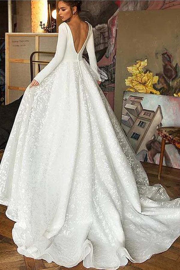 Elegant A Line Long Sleeve Lace Backless Wedding Dress
