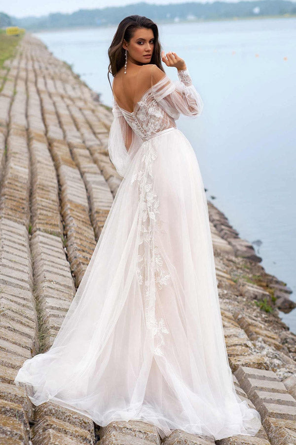 Elegant A Line Long Sleeve Tulle Wedding Dress With Lace Appliques