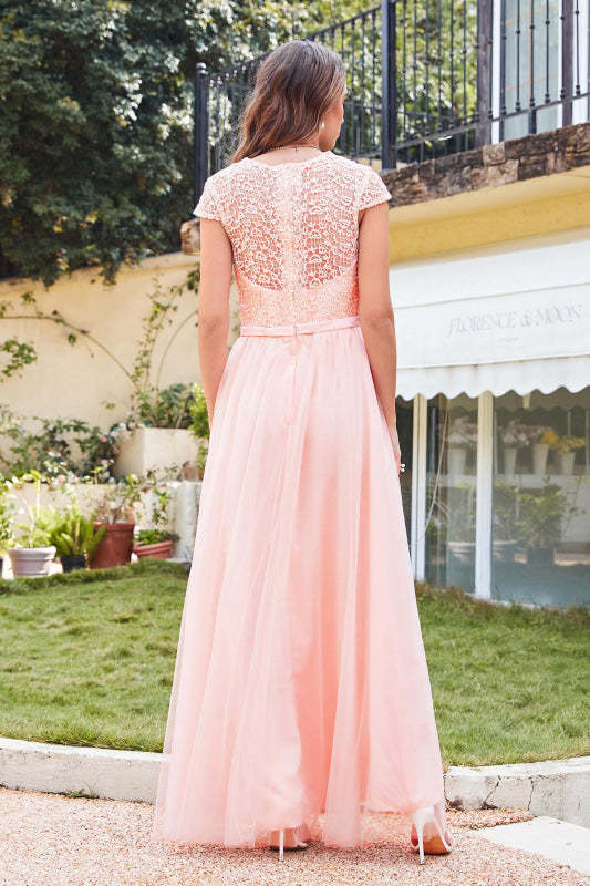 Elegant Cap Sleeves Aline Bridesmaid Dress Chiffon Crew Neck Floor Length Wedding Guest Dress - Prom Dresses