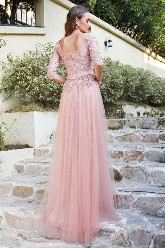 Elegant Half Sleeves Aline Evening Dress Jewel Neck Lace Appliques Tulle Front Split Party Dress - Prom Dresses