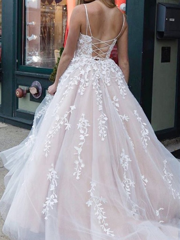 Elegant Scoop Neck White Elegant Ivory Tulle Long Prom Dress Lace Up Back