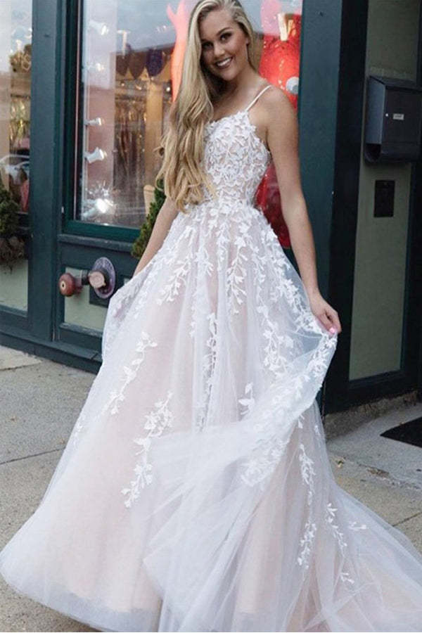 Elegant Ivory Tulle Long Prom Dress Lace Up Back