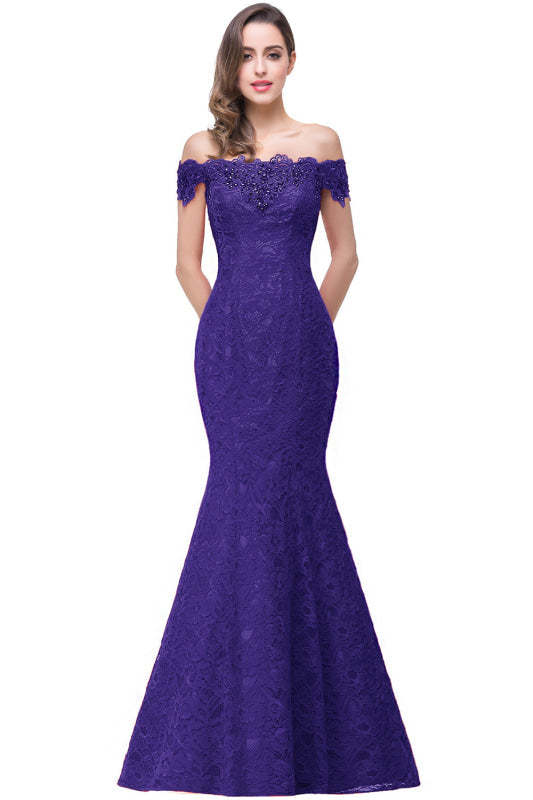 Elegant Off-the-Shoulder Trumpet Bridesmaid Dress Lace Long Evening Dress - Regency / US 4 - Prom Dresses