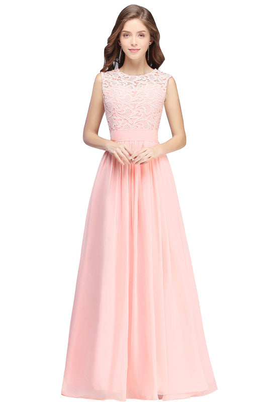 Elegant Scoop Neck Sleeveless A-Line Chiffon Evening Dress Floral lace Long Formal Dress - Blushing Pink / US 2 - Prom Dresses