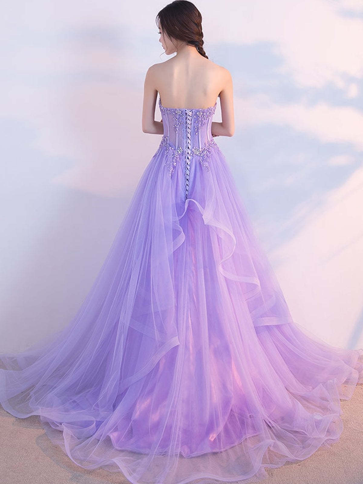 Elegant Strapless Open Back Purple Lace Long Prom Dresses, Purple Lace Formal Evening Dresses, Purple Ball Gown