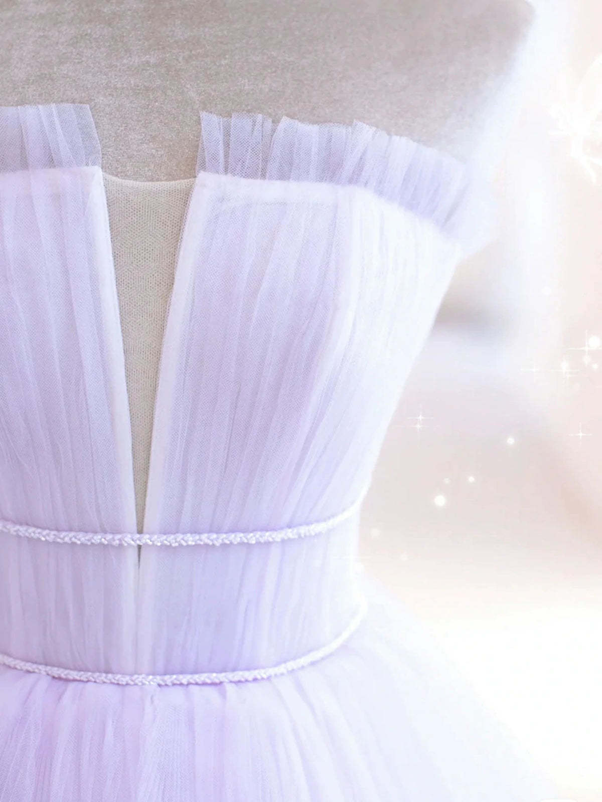 Elegant V Neck Purple Tulle Long Prom Dresses, Strapless Lilac Tulle Formal Evening Dresses, Lavender Ball Gown