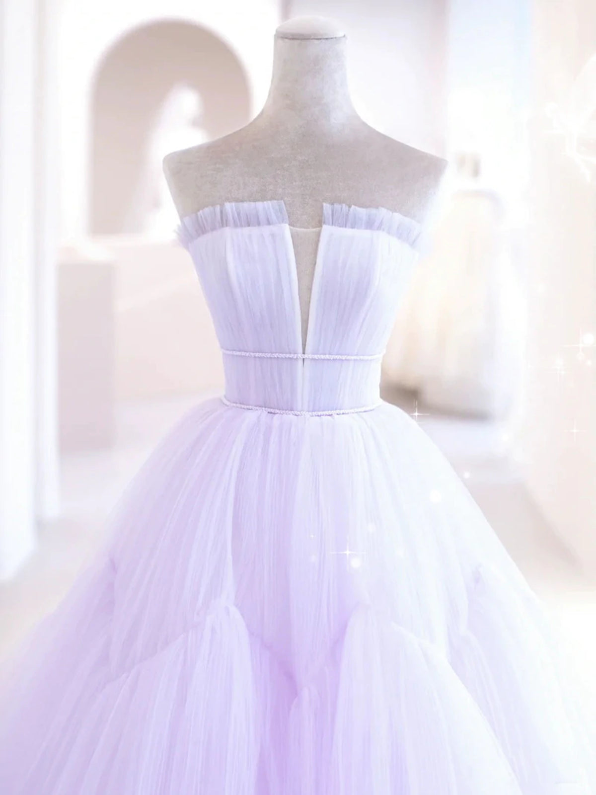 Elegant V Neck Purple Tulle Long Prom Dresses, Strapless Lilac Tulle Formal Evening Dresses, Lavender Ball Gown