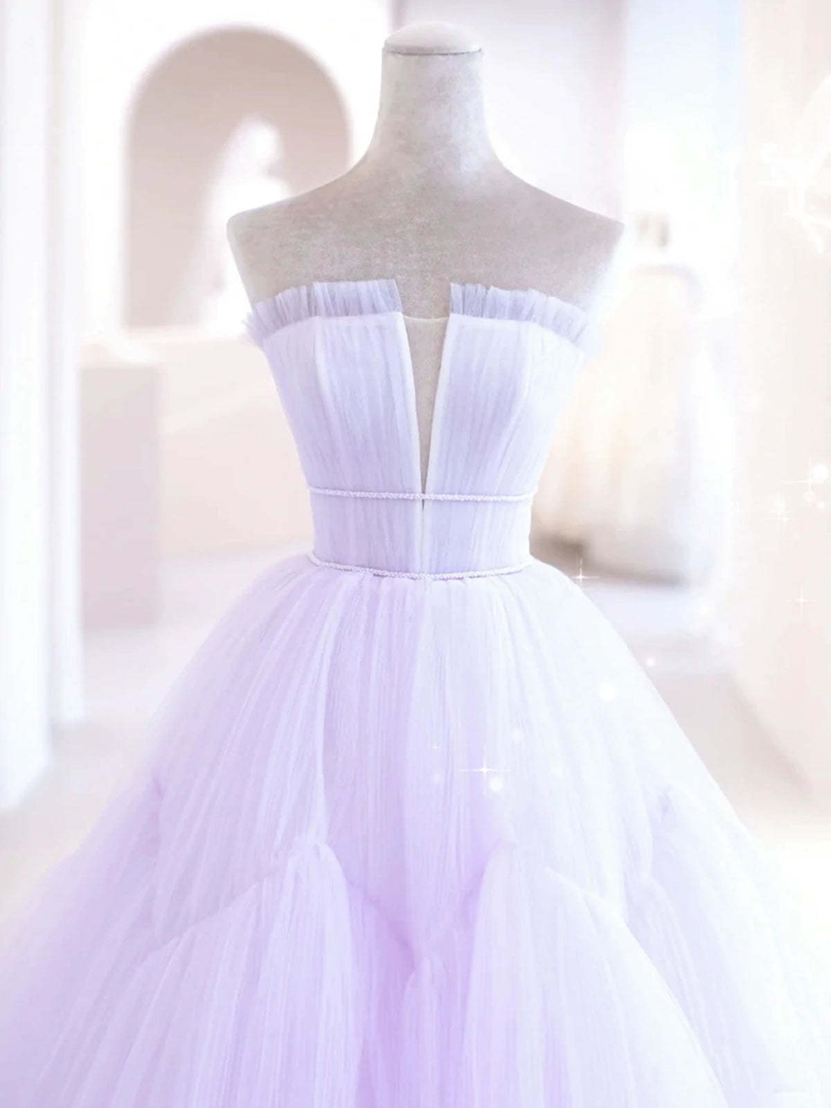 Elegant V Neck Purple Tulle Long Prom Dresses, Strapless Lilac Tulle Formal Evening Dresses, Lavender Ball Gown