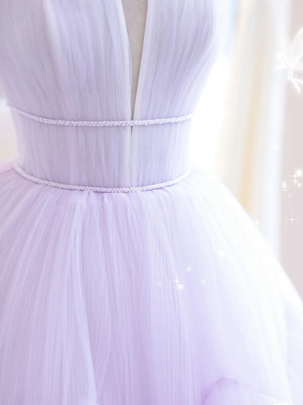 Elegant V Neck Purple Tulle Long Prom Dresses, Strapless Lilac Tulle Formal Evening Dresses, Lavender Ball Gown