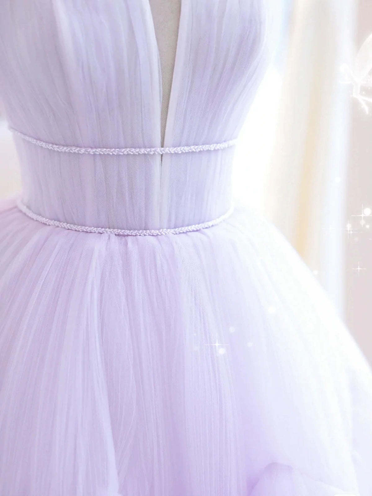 Elegant V Neck Purple Tulle Long Prom Dresses, Strapless Lilac Tulle Formal Evening Dresses, Lavender Ball Gown