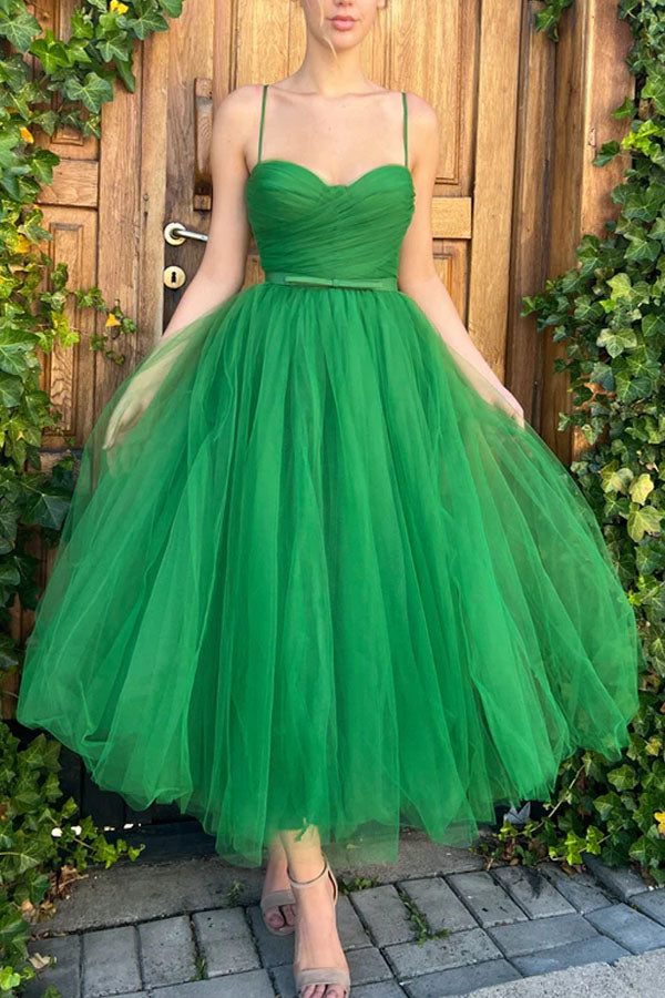 Emerald Green Tulle Tea Length Prom Gown Sweetheart Homecoming Dress