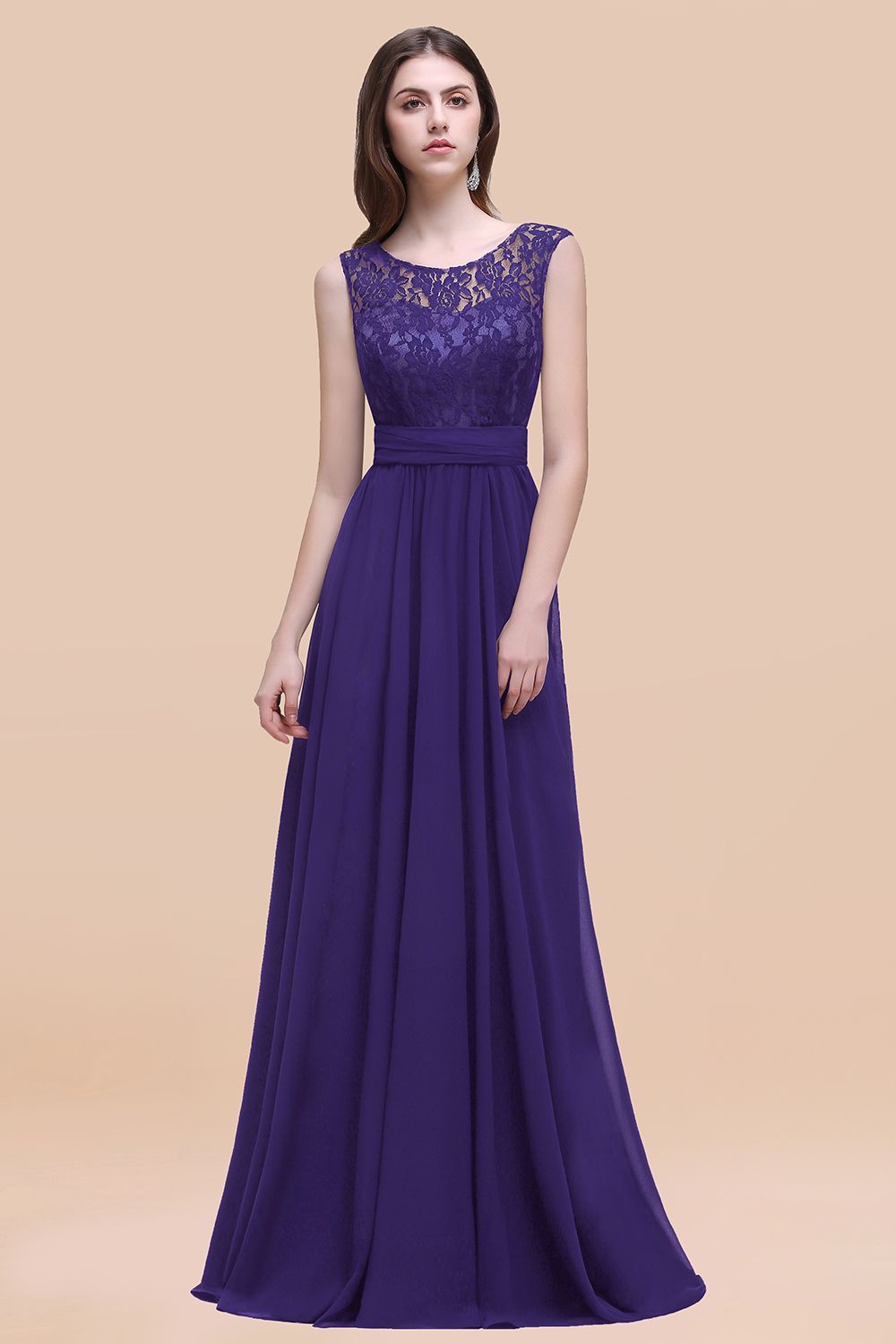 27prom Vintage Lace Scoop Sleeveless Dark Blue Bridesmaid Dress with V-Back-27prom
