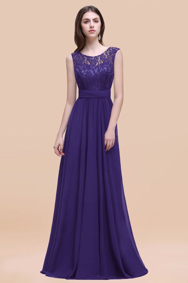 27prom Vintage Lace Scoop Sleeveless Dark Blue Bridesmaid Dress with V-Back-27prom