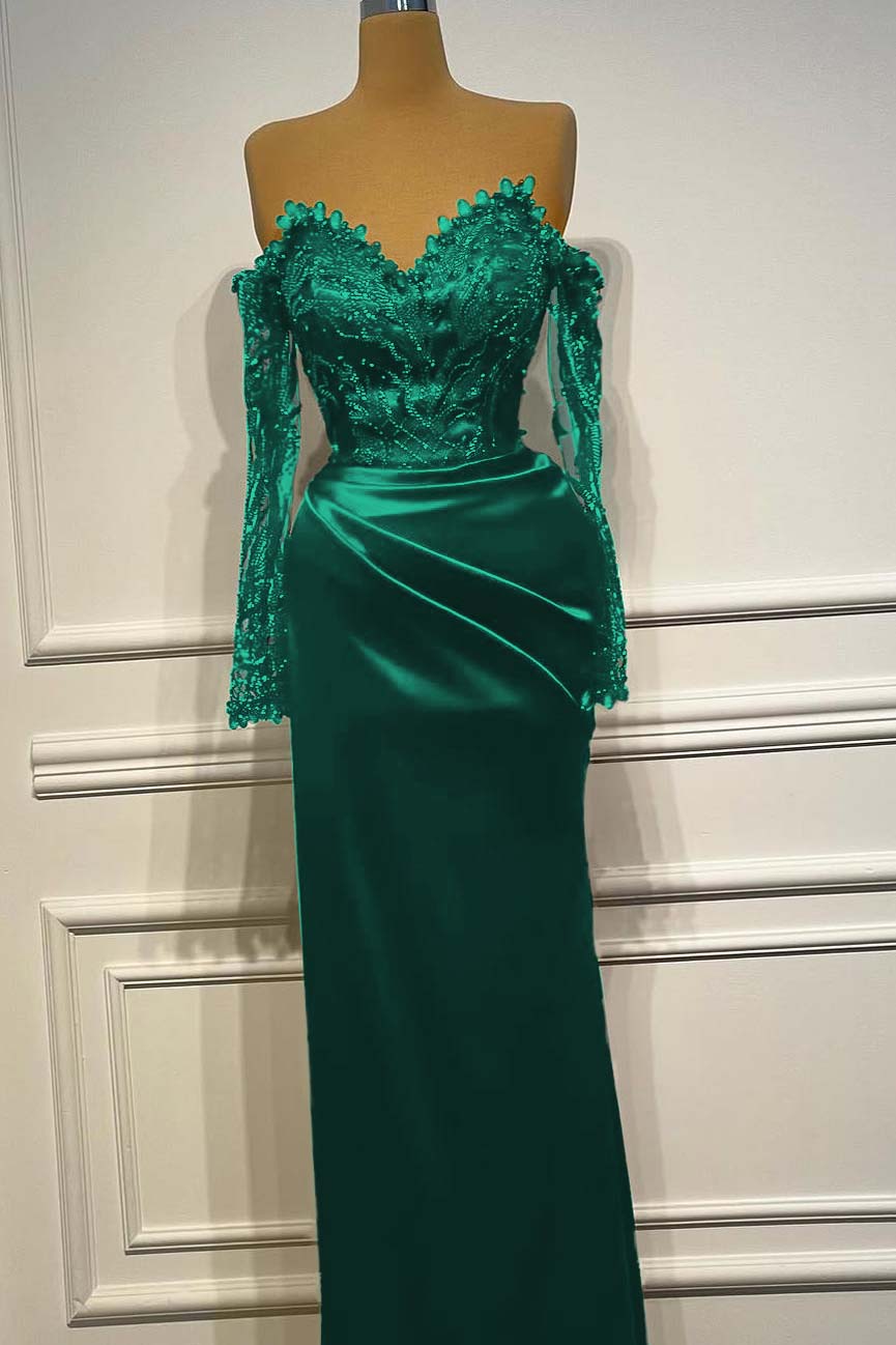 Long Sleeves Strapless Long Mermaid Prom Dress With Beading Pleated