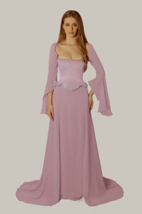 Chiffon Long Sleeves Long Mermaid Prom Dress With Beading Pleated