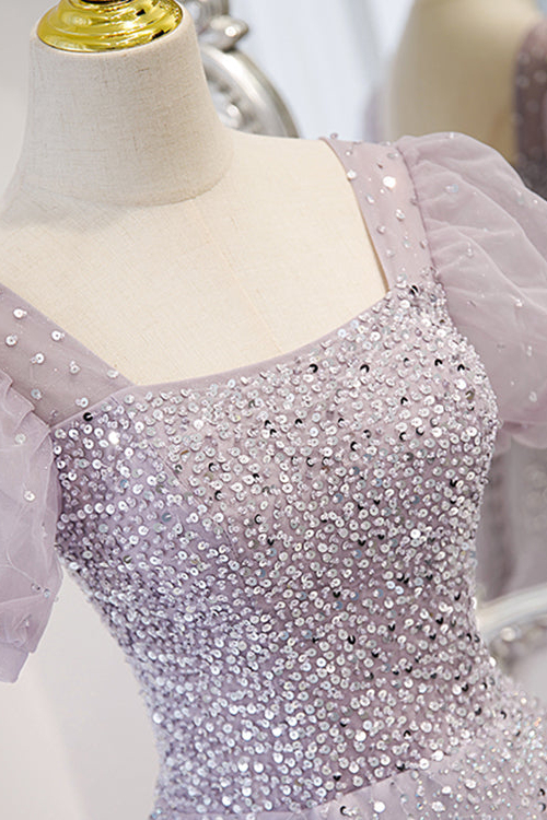 Chic Lace Up Prom Dress Beadings A Line Short Sleeves With Square Online