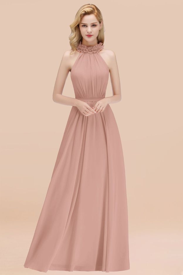 27prom Modest High-Neck Halter Ruffle Chiffon Bridesmaid Dresses Affordable-27prom