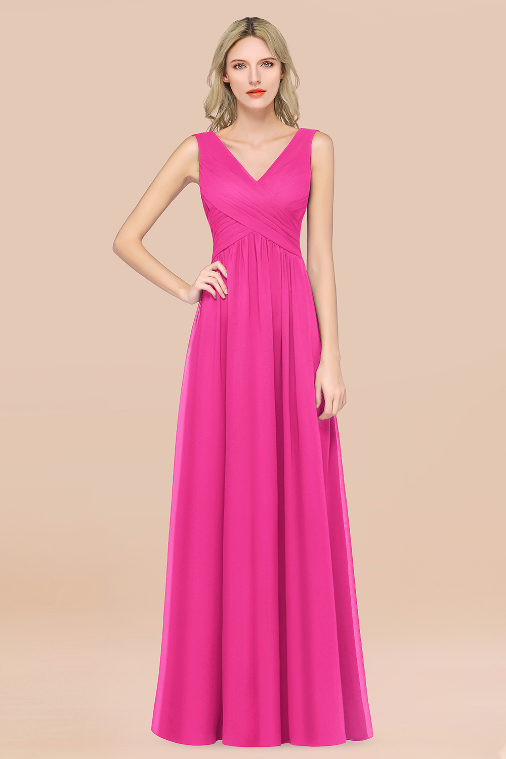 27prom Glamorous Chiffon V-Neck Sleeveless Burgundy Bridesmaid Dress with Draped Back-27prom
