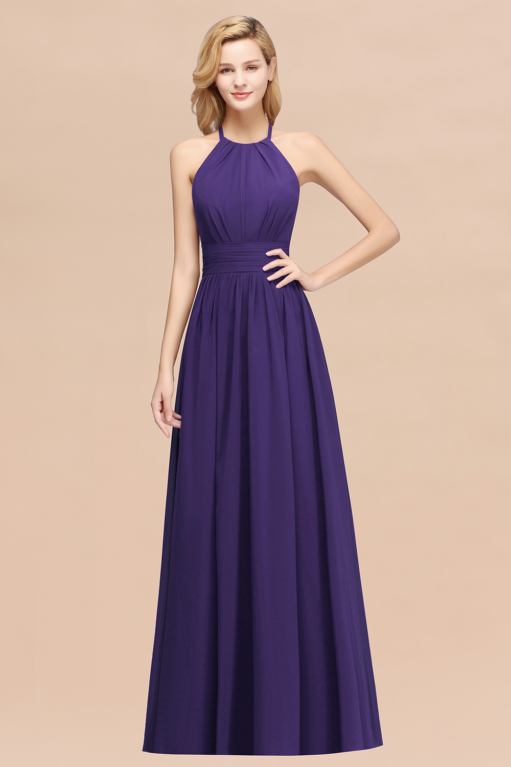 27prom Elegant High-Neck Halter Long Affordable Bridesmaid Dresses with Ruffles-27prom