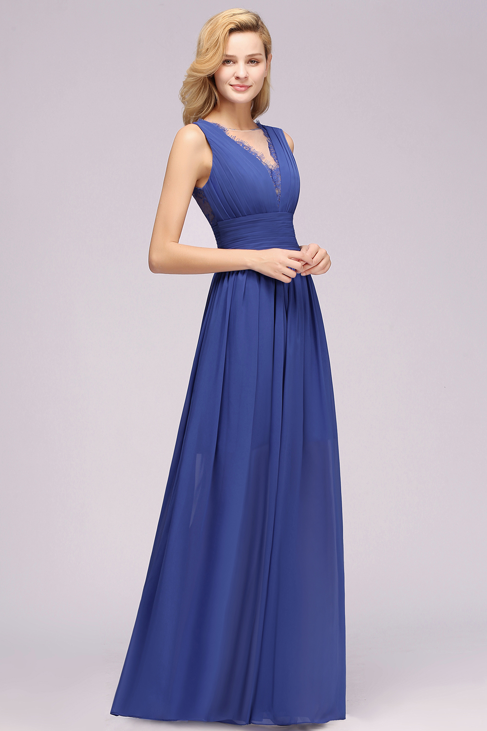 27prom Elegant Chiffon Lace Jewel Sleeveless Bridesmaid Dress with Ruffle-27prom