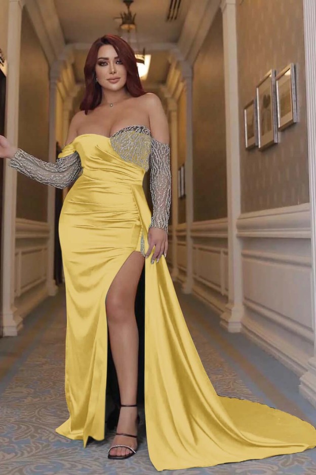 Sexy Emerald Green Off the Shoulder Long Sleeves Mermaid Prom Dress With Beading Split