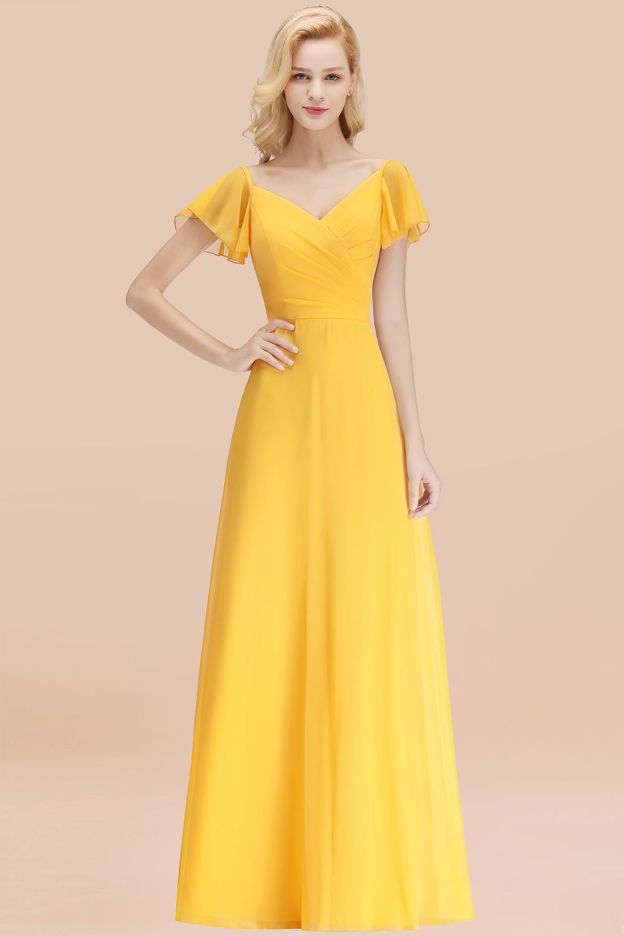 27prom Elegent Short-Sleeve Long Bridesmaid Dress Online Yellow Chiffon Wedding Party Dress-27prom