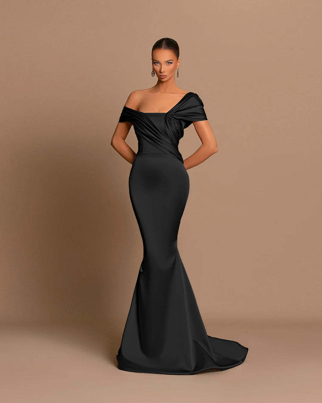 Grey Off-The-Shoulder Evening Dress Bateau Pleated Ball Gown