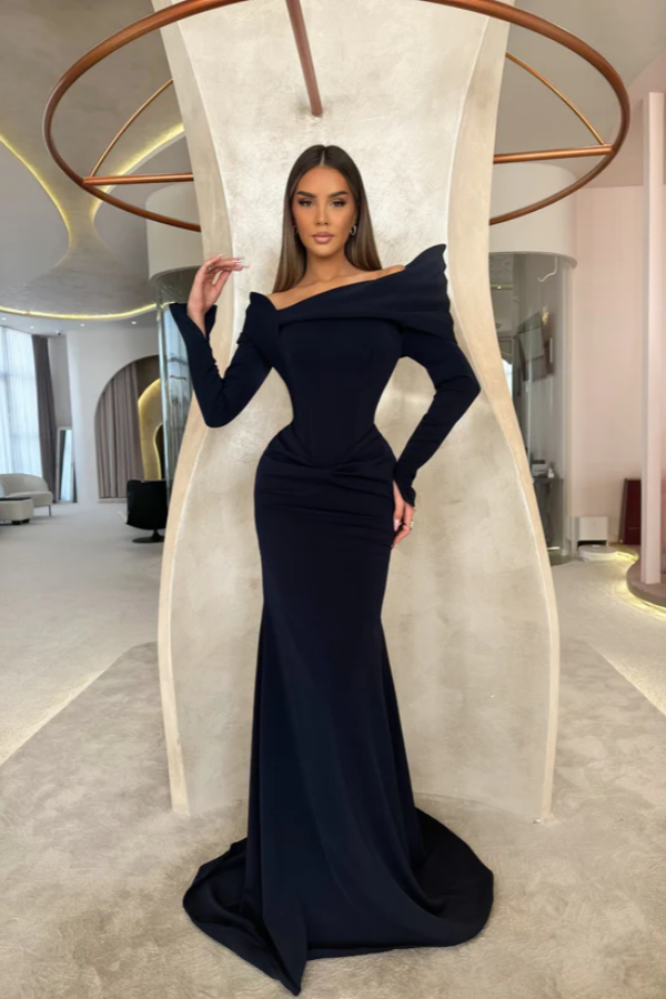 Off the Shoulder Long Sleeves Long Mermaid Prom Dress With Pleated