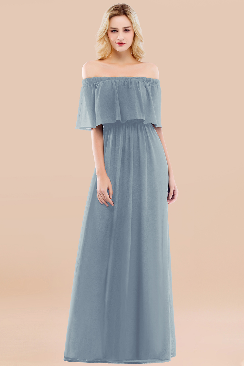 27prom Vintage Off-the-Shoulder Long Burgundy Bridesmaid Dress with Ruffle-27prom
